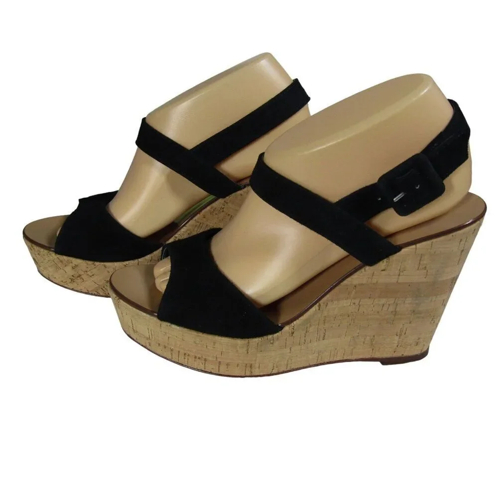 J. CREW PLATFORM Wedge Black Suede Leather Slingback Sandals Shoes Y2K ITALY 9 M